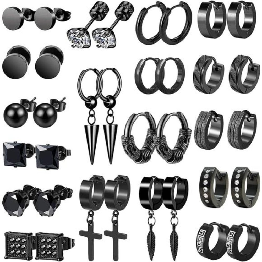 Earrings for Men, 18 Pairs Mens Earrings Hoop Black Gold Silver Earrings for Men